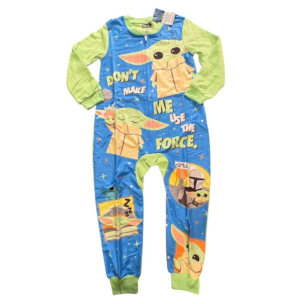 Star Wars Grogu One Piece Pajamas Boys 4/5 Blue New Mandalorian Fleece Sleeper